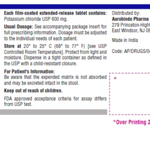 Potassium Chloride 8 mEq (600 mg) ER tablets - 100/btl