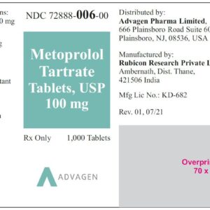 Metoprolol Tartrate 100 mg tablets - 1000/btl