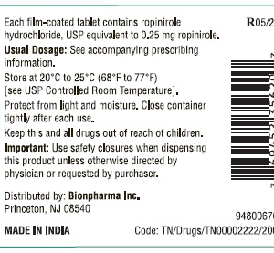 Ropinirole 0.25 mg tab 100 ct