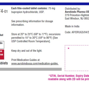 Bupropion 75 mg Tablets - 100/btl